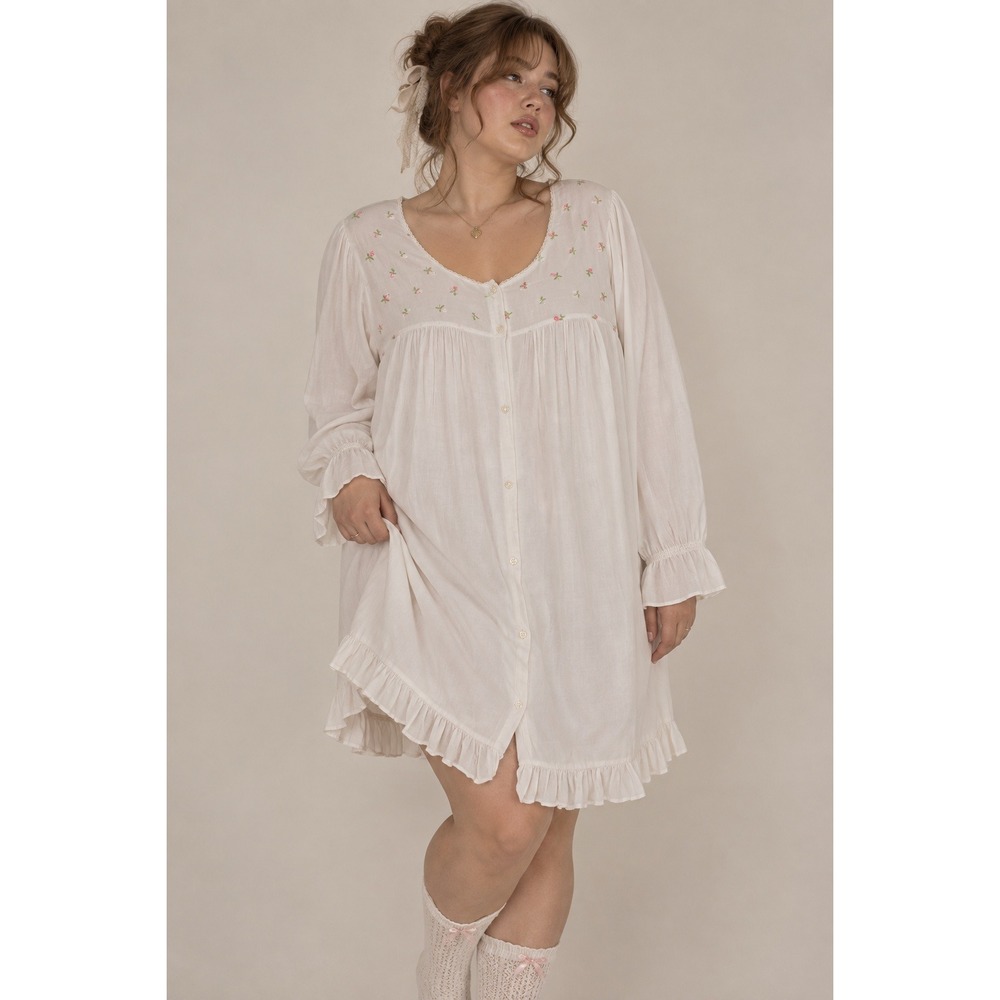 VTG Nightgown L White Floral Embroidered Ruffle Mini Nap Dress Coquette Prairie